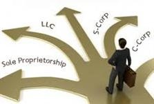 A man standing in front of arrows pointing to the words " llc ," " s-corp ", and " partnership ".