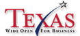A green background with the texas open for business logo.